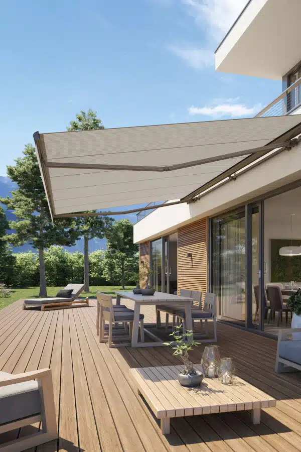 retractable awnings outside a vacay house